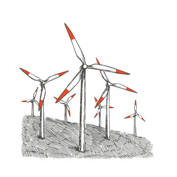 Vector illustration of windmills. Hand drawn sketch of a landscape with wind turbines in the field. Alternative energy sources.