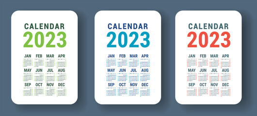 Calendar 2023 year. English colorful vector set. Vertical wall or pocket calender template. Design collection. New year. Week starts on Sunday