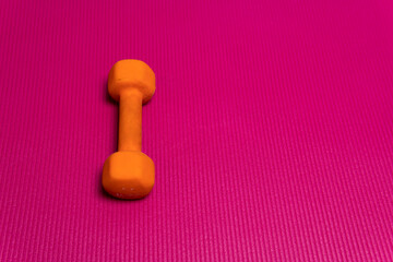 Dumbbell light barbell mat metal shiny view steel black, concept healthy lifestyle gym build from trainer from beauty green, lifestyle background. Lifting pancakes,