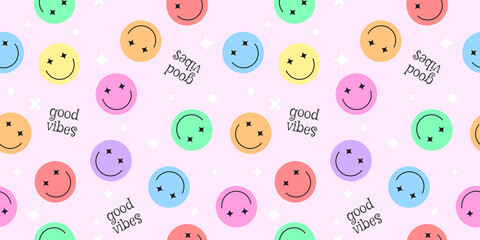 Happy smile faces seamless pattern in trendy funky y2k style. Colorful circle stickers, character icons endless background. Vector illustration in 90s graphic for fabric, print, textile, presentation