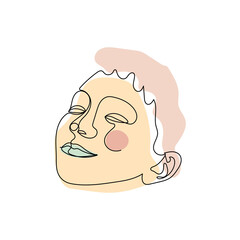 Female face single line drawing and pastel abstract shapes composition. Portrait of young beautiful girl line art.