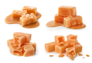 Set of golden caramel pieces and caramel sauce isolated on white background.