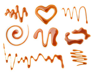 Set of sweet caramel topping isolated on white background. Top view.