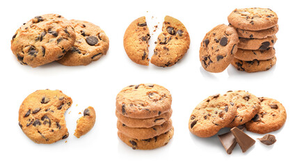 Set of chocolate chip cookies isolated on white background.