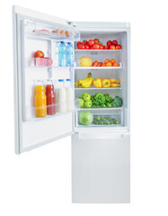 Open white fridge isolated on white background.