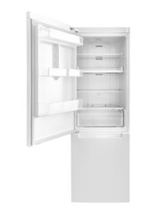 Open empty white fridge on isolated on white background.