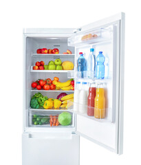 Open fridge full of vegetables, fruits and drinks isolated on white background.