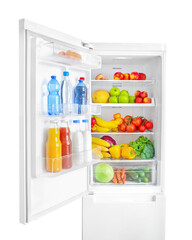 Open fridge full of vegetables, fruits and drinks isolated on white wall background.