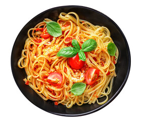 Italian pasta with tomatoes, cheese parmezan and basil isolated on white background. Top view.