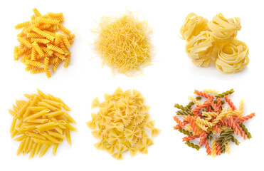 Set of raw pasta isolated on white background. Top view.