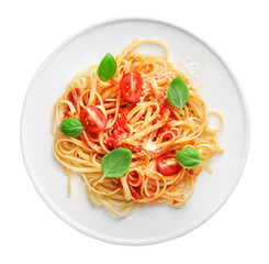 Italian pasta with tomatoes, cheese parmesan and basil isolated on white background. Top view.
