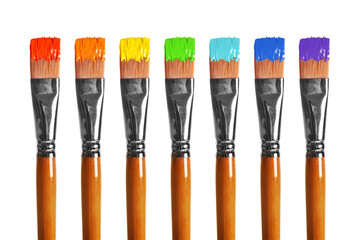 Set of paint brush with color paint on tip isolated on white background.