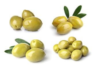 Set of various delicious green olives isolated on white background
