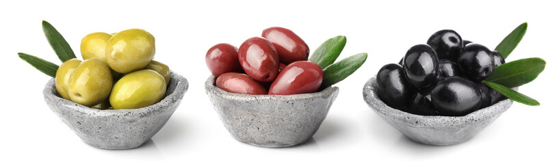 Set of green, black and red ripe olives isolated on white background