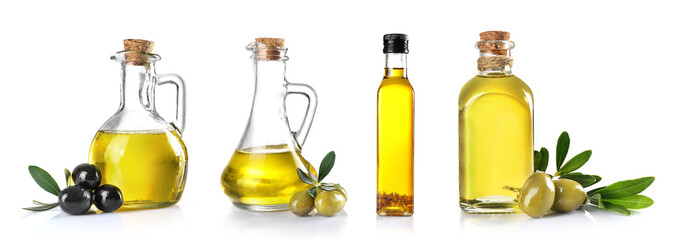 Set of olive oil in bottles isolated on white. - obrazy, fototapety, plakaty