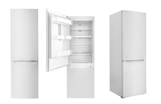 Set of white fridges isolated on white background.