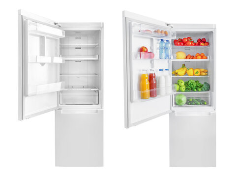 Set of open empty fridge and fridge full of vegetables isolated on  white background.
