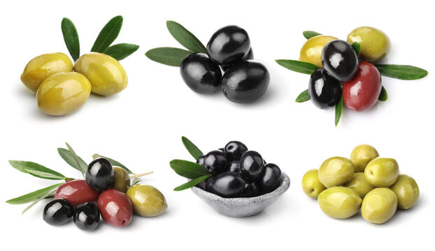 Set of green, red and black olives isolated on white background
