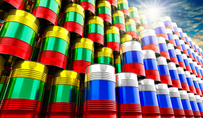 Oil barrels with flags of Russia and Lithuania - 3D illustration