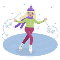 Girl ice skating on a frozen lake in winter. Snow is falling. Vector graphic.