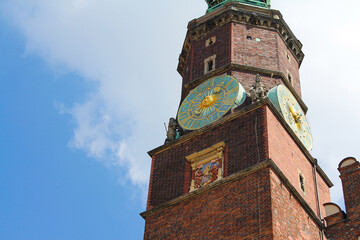 old clock tower, The clock of the gothic Old Town Hall (Stary Ratusz) at the Rynek (Market Square)....