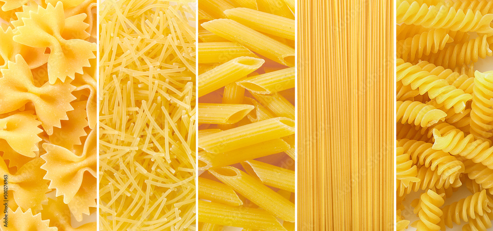 Wall mural collage of different assortment of dry italian pasta.