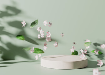 Podium with flying flowers and leaves on green background. Podium for product, cosmetic presentation. Mock up. Summer or spring mood, blossom. Pedestal, platform for beauty products. 3D rendering.
