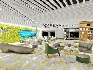 3d render. Modern luxury hotel reception waiting room.