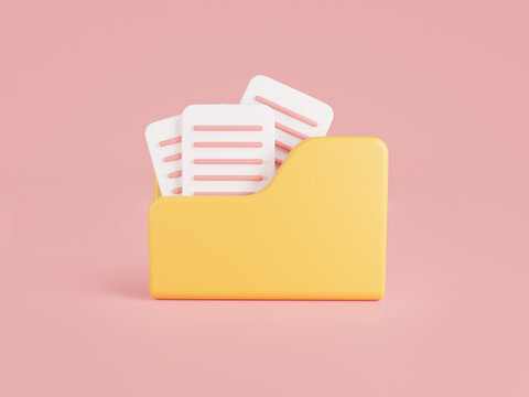 3D rendering illustration of three paper document in yellow folder icon isolated on pink background. Data storage, computer folder, folder with files, paper icon.File management concept