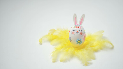 banner. Easter eggs in the form of hares on a white background. Flat styling. Copy the place for the text.