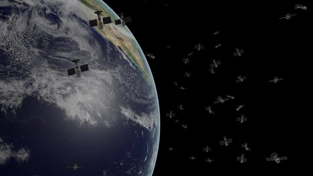 Planet Earth with many satellites around it. View from space. World connection concept. Technology video footage.