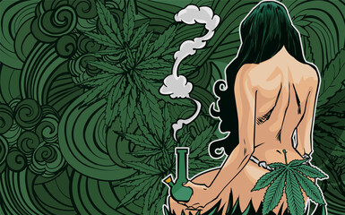 Naked lady with cannabis leafs and bong. - 500279505