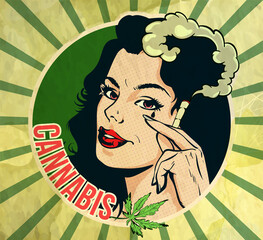 Vintage vector design template with lady cannabis smoker. The joint in her arm. Cannabis leaf - 500279506
