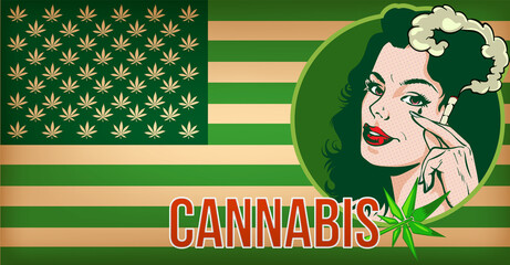 Vintage vector image USA flag when cannabis total legalize. And gorl smoker with joint - 500279507