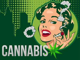 Vintage vector design template with lady cannabis smoker. The joint in her arm. Cannabis leaf - obrazy, fototapety, plakaty