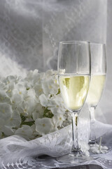 Two glasses of champagne on a background of white phlox flowers for a romantic celebration with a space for copying with summer evening lighting