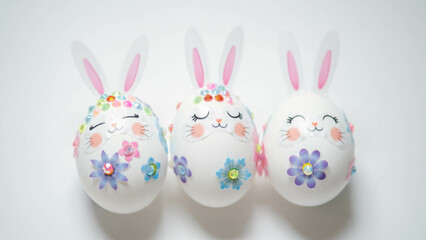banner. Easter eggs in the form of hares on a white background. Flat styling. Copy the place for the text.