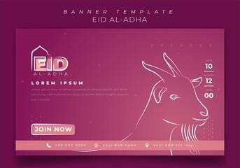 Pink Banner template with line art drawing of goat for eid al adha