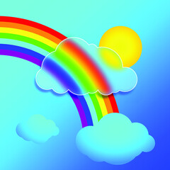 Rainbow in the sky behind a transparent cloud. Illustration in glass morphism style. Vector.