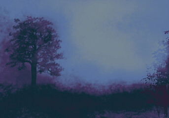Naklejka na ściany i meble 神秘的な霧の森の背景イラスト月明かりや夜明けのイメージ