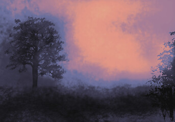 Fototapeta na wymiar 神秘的な霧の森の背景イラスト夕刻から宵闇イメージ