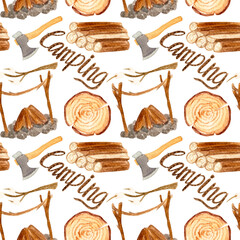 Colorful watercolor camping pattern with wooden elements. Seamless travel pattern for various products.