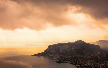 Sunrise at the Coast of Sicily at Capo Gallo, Mondello in spring Italy at the morning sea in Europe