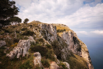 Sicilian Italian Coastal Hill Landscape near Palermo in Europe, on a foggy cloudy spring day