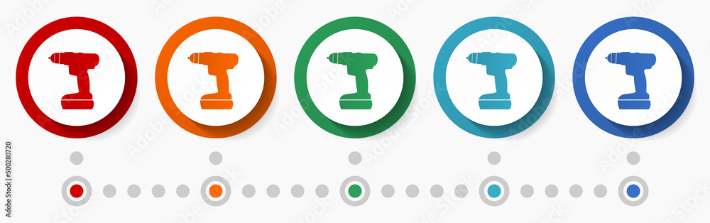 Poster drill, tool concept vector icon set, infographic template, flat design colorful web buttons in 5 col