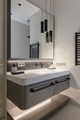 luxury bathroom in black and white, black accessories in a stylish bathroom
