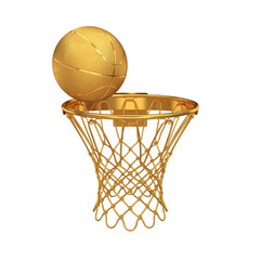 Gold basketball rim with a ball side view on a white background, 3d render