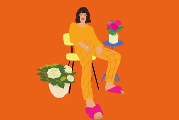 Beautiful woman in domestic wear sitting relaxed with flowers isolated on background. Vector illustration