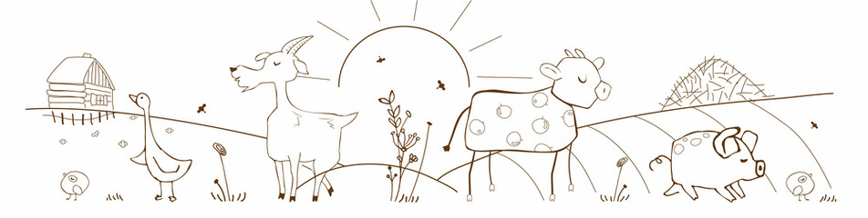 Line art farm animals in village on white background. Hand drawn cartoon cow, goat, pig, goose and chick.