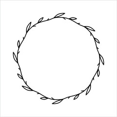 Vector hand drawn spring wreath isolated on white background. Outline circle of leaves. Doodle style. Floral frame. Family monogram.